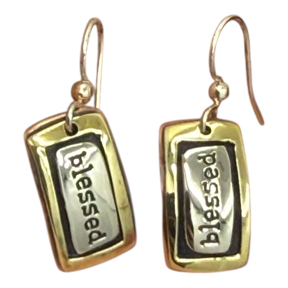 Far Fetched Blessed Dangle Earrings Rectangle Artisan Crafted Stamped Quote